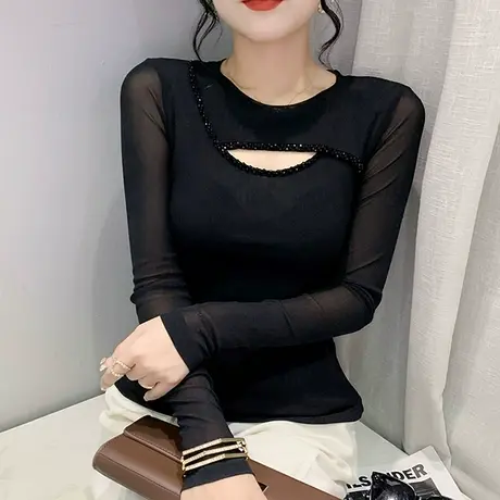 性感镂空网纱T恤女长袖2023春秋新款时尚钉珠打底衫气质修身上衣图片