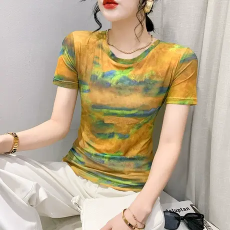 扎染印花网纱T恤女短袖气质减龄圆领上衣夏季时尚显瘦百搭小衫ins商品大图