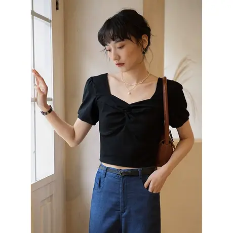 弥古法式方领针织短款上衣女夏复古黑色修身大领口正肩短t恤露脐商品大图