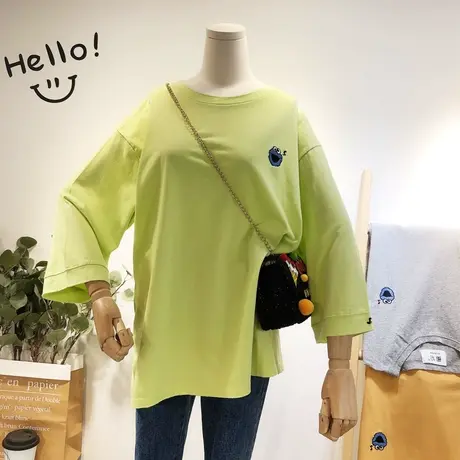 2019早秋新款韩国东大门Ulzzang慵懒百搭刺绣九分袖T恤打底衫宽松商品大图