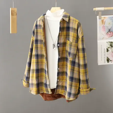 加绒加厚格子衬衫外套女宽松中长款秋冬2023新款休闲外搭保暖衬衣图片