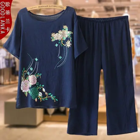 母亲节妈妈夏装套装薄款中老年七分裤女时尚洋气短袖两件套200斤商品大图