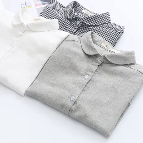 春秋韩范领小清新双层棉纱娃娃领衬衫女长袖学生文艺格子打底衬衣图片