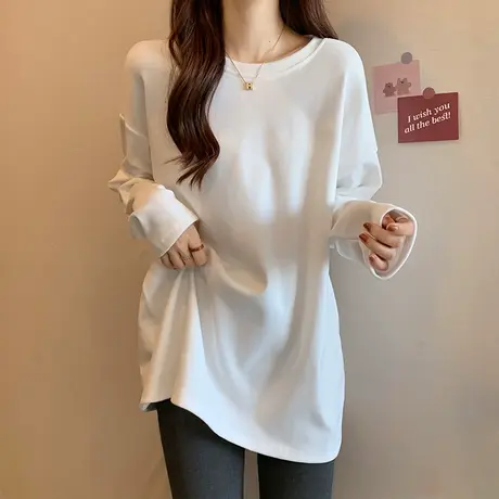 白色T恤女长袖宽松中长款叠穿内搭2022年早春新款设计感纯色上衣图片