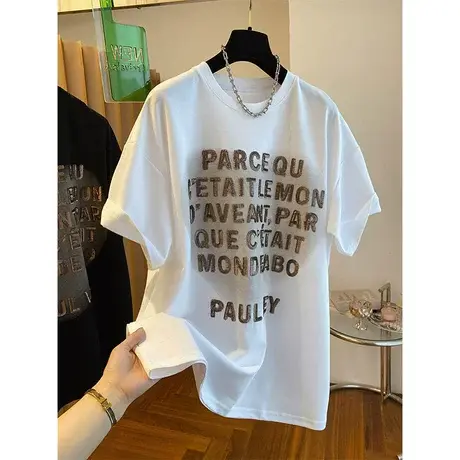 2023新款设计感小众欧货重工亮片t恤女短袖宽松休闲大版体恤上衣图片