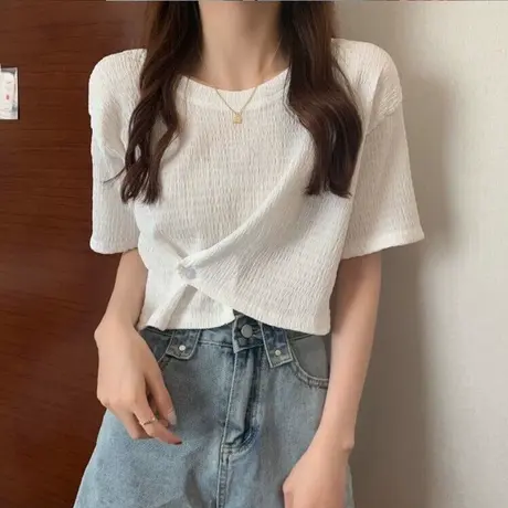 小个子短款半袖T恤女夏褶皱设计感小众甜辣修身不规则短袖上衣ins图片