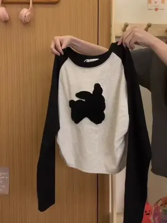 拼色插肩长袖t恤女秋季小众设计感辣妹风美式内搭修身短款上衣ins图片