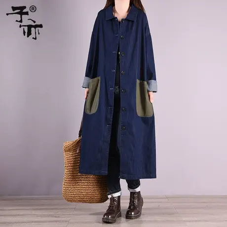 春秋新款宽松随性蝙蝠型单排扣插肩袖中长款牛仔风衣外套图片