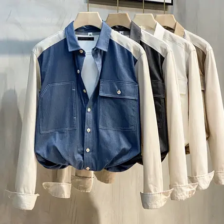春秋新款牛仔拼接撞色长袖衬衫外套男宽松日系休闲韩版工装衬衣潮商品大图