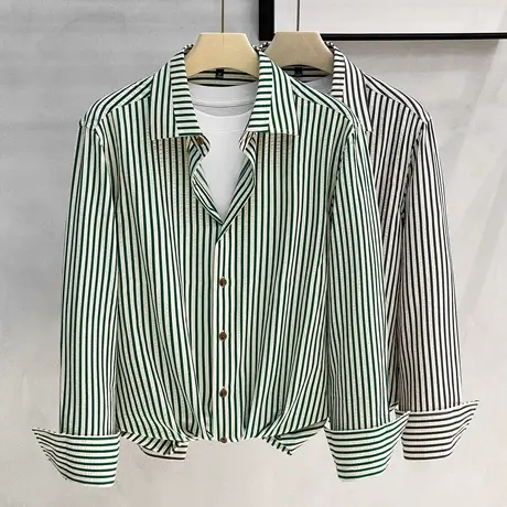 肌理感休闲轻熟风条纹男士长袖衬衫痞帅潮男韩版寸衣秋季外穿衬衣商品大图