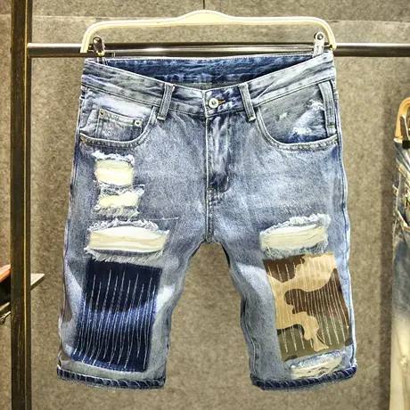 乞丐补丁牛仔短裤男款潮牌拼接夏季五分裤2023新款破洞刮烂中裤薄商品大图