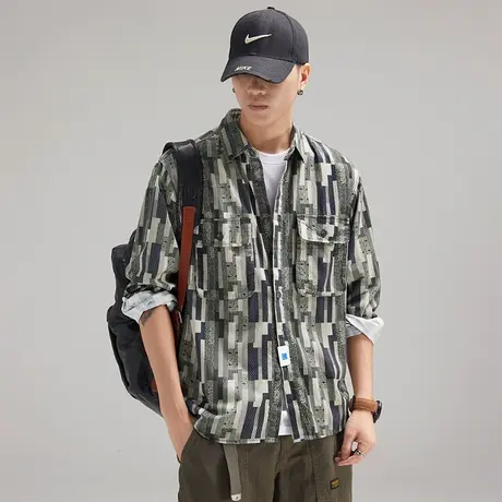 Modi Nick/摩帝尼克复古印花男士复古衬衫重磅水洗工艺休闲男上衣图片