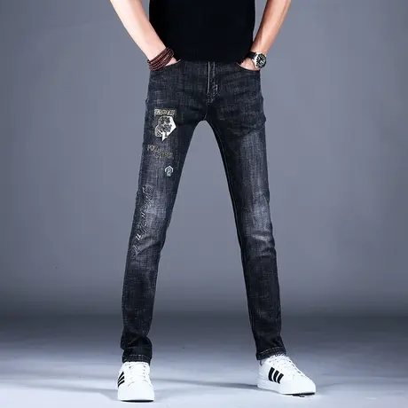 2023男士新款牛仔裤子黑色时尚修身精致刺绣小脚裤百搭棉弹男潮牌图片