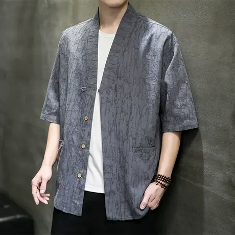 新中式唐装短袖衬衫男士夏季中国风提花棉麻衬衣宽松潮流外套男装商品大图