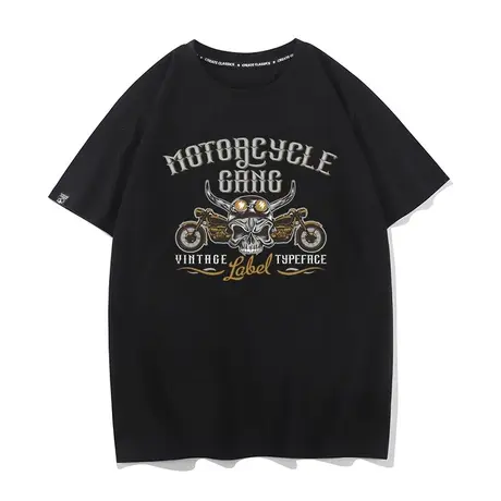 秀洛复古摩托车骷髅哈雷周边牛仔vintage体恤打底衫男纯棉短袖T恤商品大图