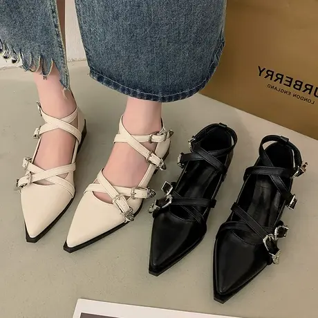 欧美时尚交叉带尖头浅口单鞋女2023年新款法式复古粗跟玛丽珍鞋子图片