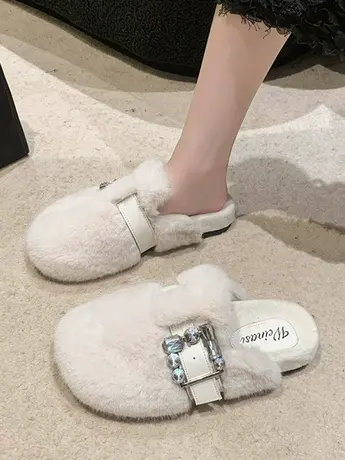 网红爆款毛毛拖鞋女外穿2023秋冬季新款一脚蹬平底懒人包头棉拖鞋商品大图