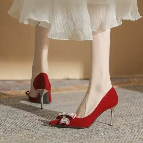 蝴蝶结水钻高跟鞋女细跟2023年春夏新款性感尖头单鞋红色浅口婚鞋图片