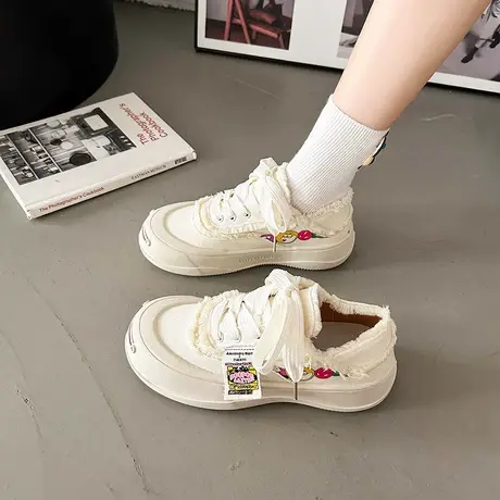 时尚小众设计开口笑帆布鞋女2023新款ins春秋小白鞋休闲厚底板鞋商品大图