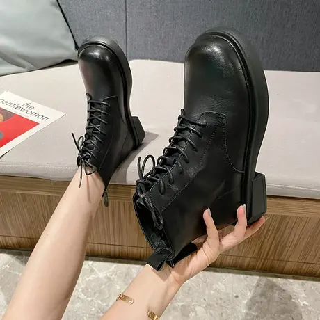 马丁靴女款2024新款冬季加绒网红爆款粗跟厚底短靴黑色百搭瘦瘦靴图片