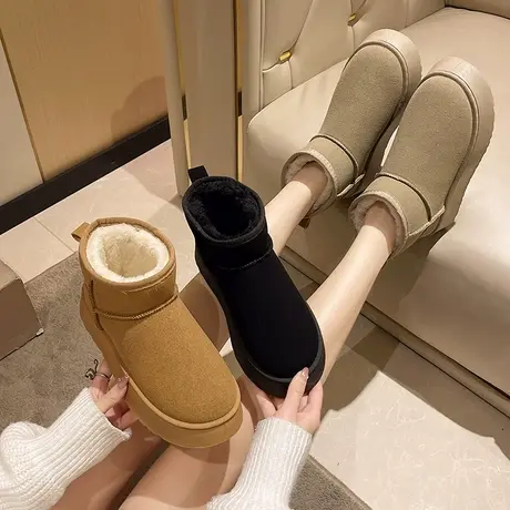 厚底雪地靴女皮毛一体2024新款冬季松糕加绒加厚保暖面包东北棉鞋商品大图