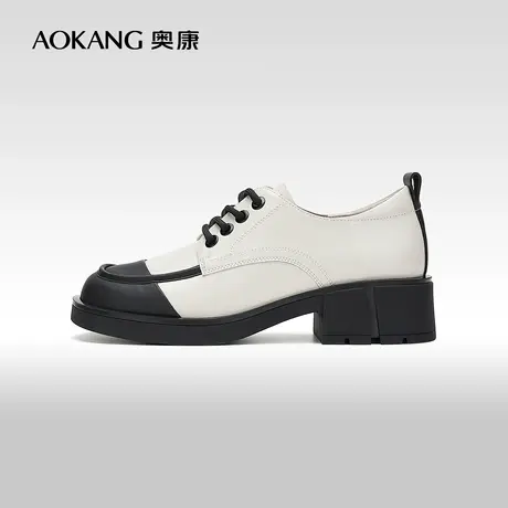 【门店发货】奥康女鞋春秋季新款复古小皮鞋拼色系带单鞋粗跟商品大图