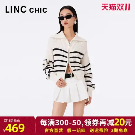 LINCCHIC金羽杰毛织开衫女2023年秋新款学院大翻领中长条纹针织衫商品大图