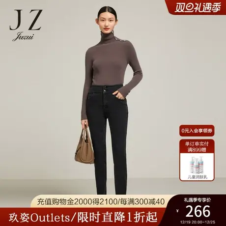 JZ玖姿黑色高腰修身显瘦牛仔裤女装2022冬季新款通勤时尚休闲裤子商品大图