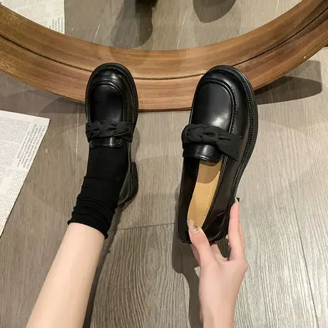 乐福鞋女2024年春季新款一脚蹬洋气通勤单鞋粗跟网红英伦风小皮鞋商品大图