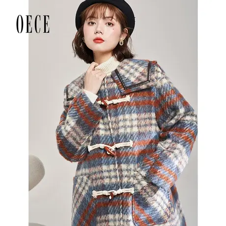 【买1送1】Oece复古格纹毛呢外套冬新款气质中长款格子呢大衣图片