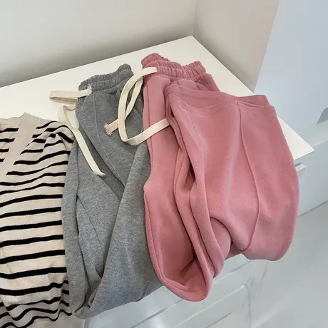 灰色高腰阔腿裤女！秋百搭松紧腰垂感宽松显瘦直筒裤运动休闲长裤图片