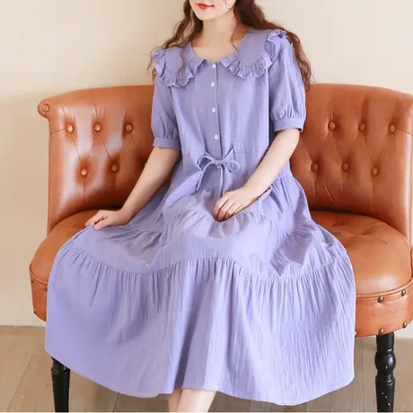 胖妹妹夏装纯棉花朵娃娃领蛋糕裙加大码2023新款短袖长裙200斤女商品大图