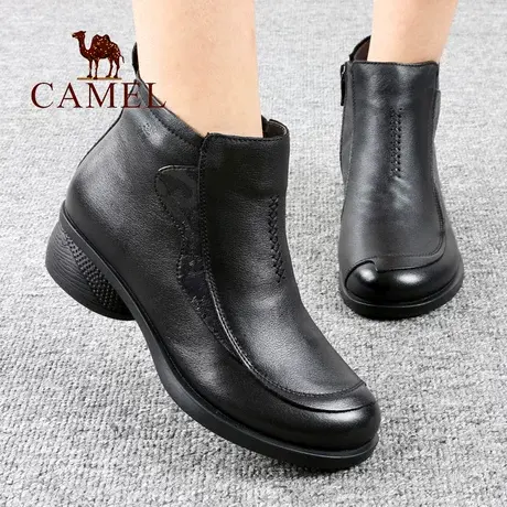 Camel/骆驼女鞋冬季款加绒保暖真头层牛皮中粗跟士妈妈休闲短靴子商品大图