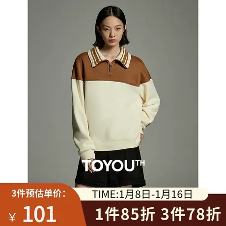 TOYOUTH初语拉链polo领复古卫衣女2023冬季新款撞色加绒保暖上衣图片