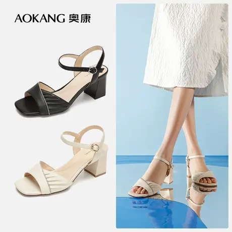 【门店发货】奥康女鞋 新款真皮粗跟软面时尚休闲凉鞋图片