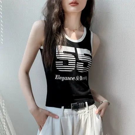 运动风字母背心女内搭2025春夏新款修身显瘦小众拼色坎肩无袖上衣商品大图