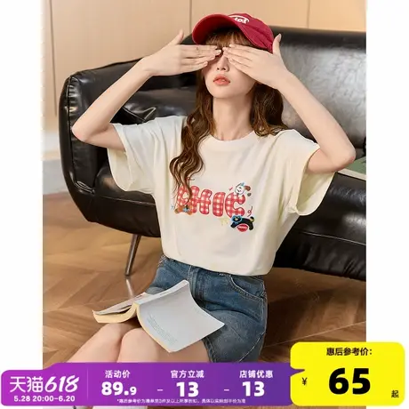 唐狮2025夏季新款圆领格子拼接短袖T恤女时尚洋气小个子宽松上衣商品大图