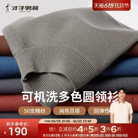 才子男装可机洗羊毛针织衫男士2024秋冬新款修身内搭纯色圆领毛衣商品大图