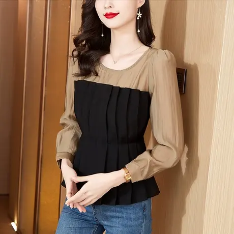 爆款别致气质雪纺衫女秋装女2023年新款黑色接拼时尚长袖女士小衫图片