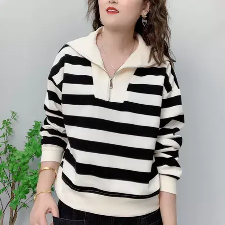 2023年新款法式高级感条纹海军领拉链卫衣女春秋宽松显瘦气质上衣商品大图