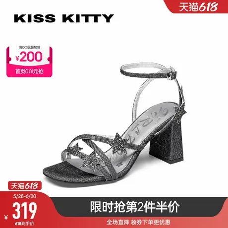 KISSKITTY一字带凉鞋女春夏新款仙女风水钻时装配裙子粗跟高跟鞋商品大图