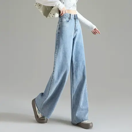 唐狮春季新款牛仔裤女宽松显瘦阔腿裤水洗潮流韩版印花直筒长裤图片