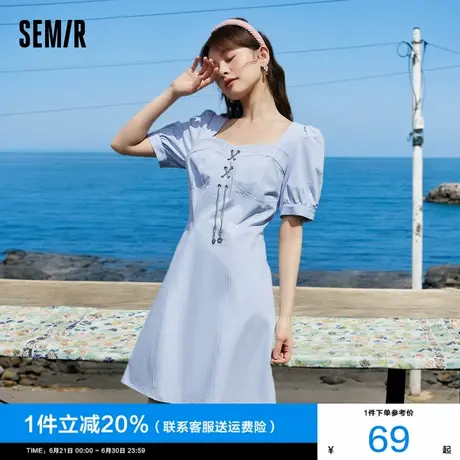 森马连衣裙女泡泡袖方领小个子2024夏季新款蓝色纯棉短裙温柔裙子商品大图