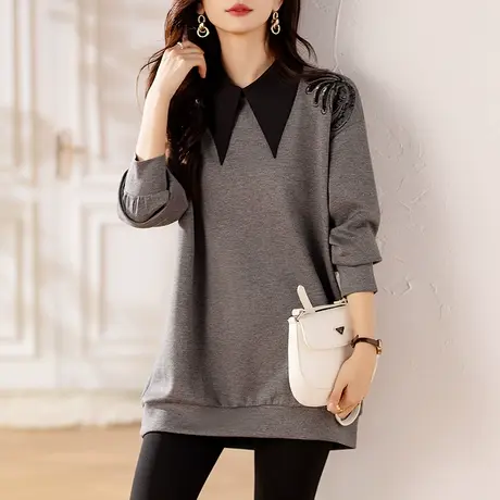 娃娃领卫衣女春秋季新款宽松加大码女装中年妈妈长款遮肚显瘦上衣图片