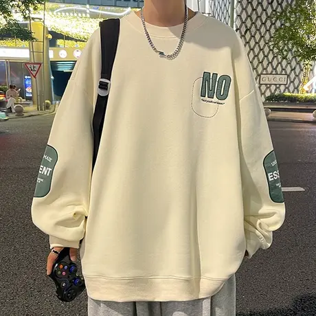 圆领卫衣男春秋季新款美式宽松个性贴布长袖t恤男士休闲时尚体恤商品大图