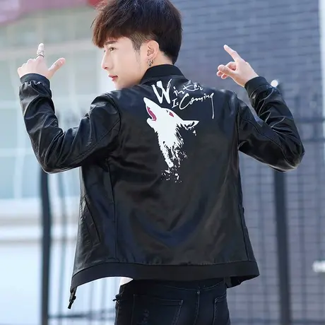 秋冬季韩版修身青年上衣皮衣男士外套加厚潮立领皮夹克男装休闲图片