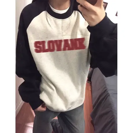 撞色拼接插肩袖圆领卫衣女初秋百搭宽松显瘦字母印花薄款上衣外套商品大图