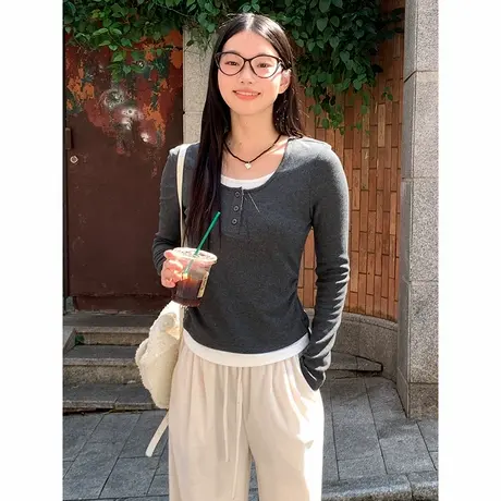 NOW真维斯假两件长袖t恤女2025春秋季新款修身拼接打底衫内搭上衣商品大图