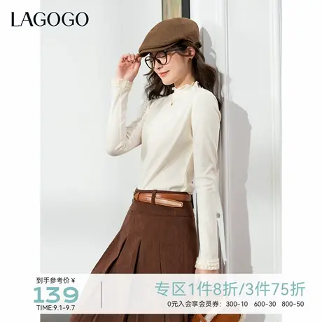 LAGOGO奶霜蕾丝袖半高领打底衫女拉谷谷2025年冬季新款肌理感T恤图片