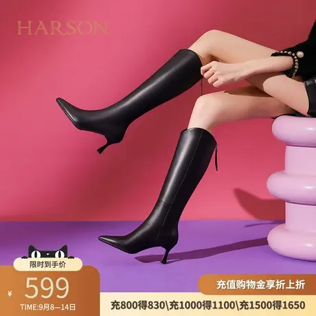 哈森长靴女冬季新款尖头细跟老钱风V口显瘦不过膝高筒靴HWA230188商品大图